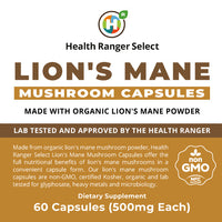 Lion's Mane Mushroom Capsules 60 Caps (500mg Each) (Made with Organic Lion's Mane Mushroom Powder)