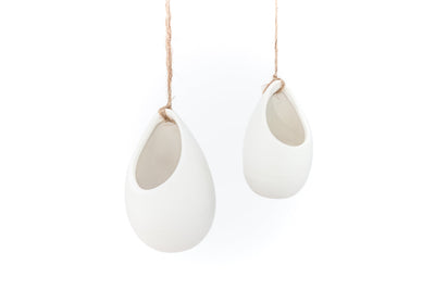 Large Ivory Ceramic Hanging Planter With Flat Bottom